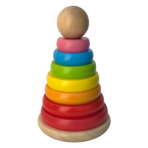 A wooden stacking ring toy with colorful rings in pink, blue, green, yellow, orange, and red, topped with a natural wood sphere and base, isolated on a white background.